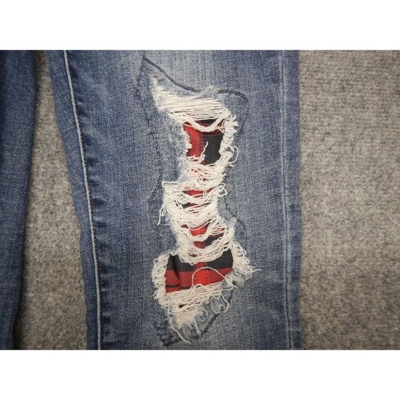 Judy Blue Skinny Fit Jeans Size 11/30 Lined Buffalo Plaid Blue Distressed Denim - Picture 3 of 12